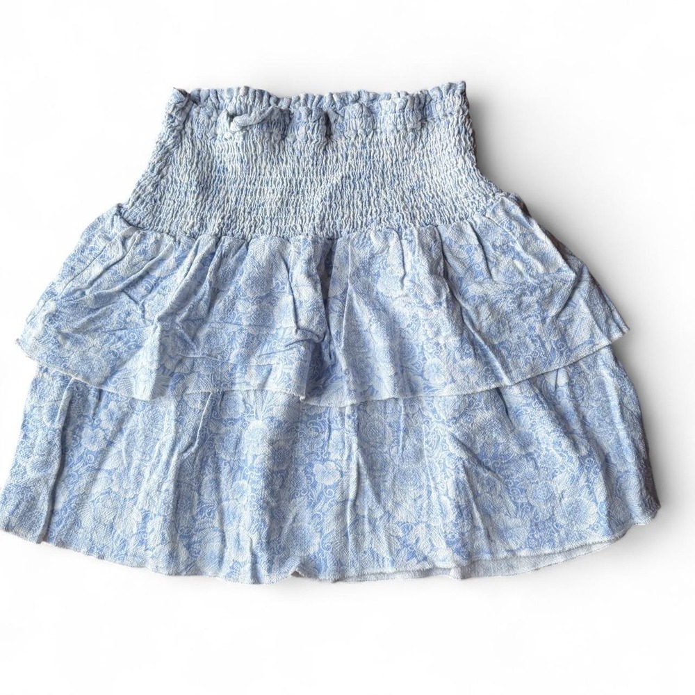 Aeropostale blue & white‎ floral print linen blend tiered mini skirt size small
